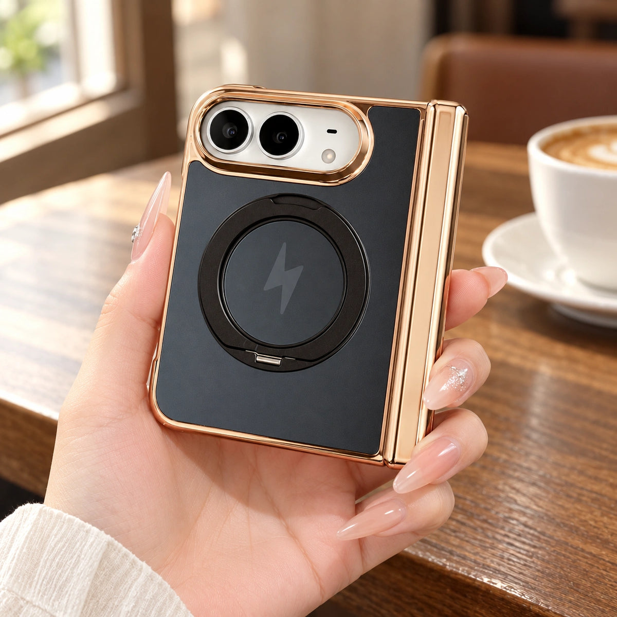 Metallic Ring Stand iPhone Duo Case, held in hand
