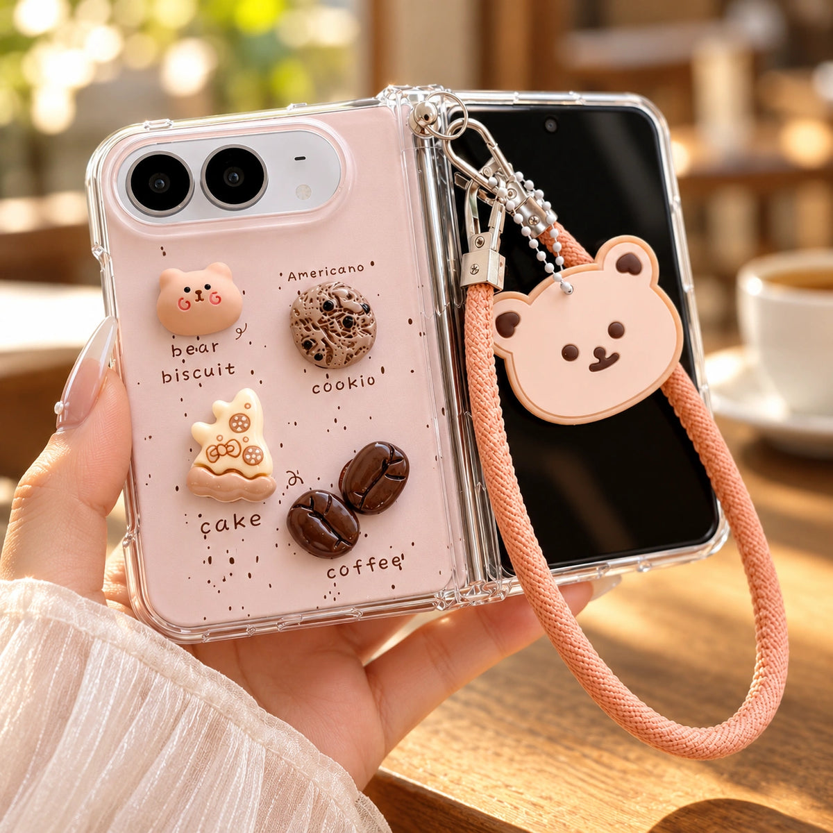 Coffee Bear Charm iPhone Duo Case, styled product photo