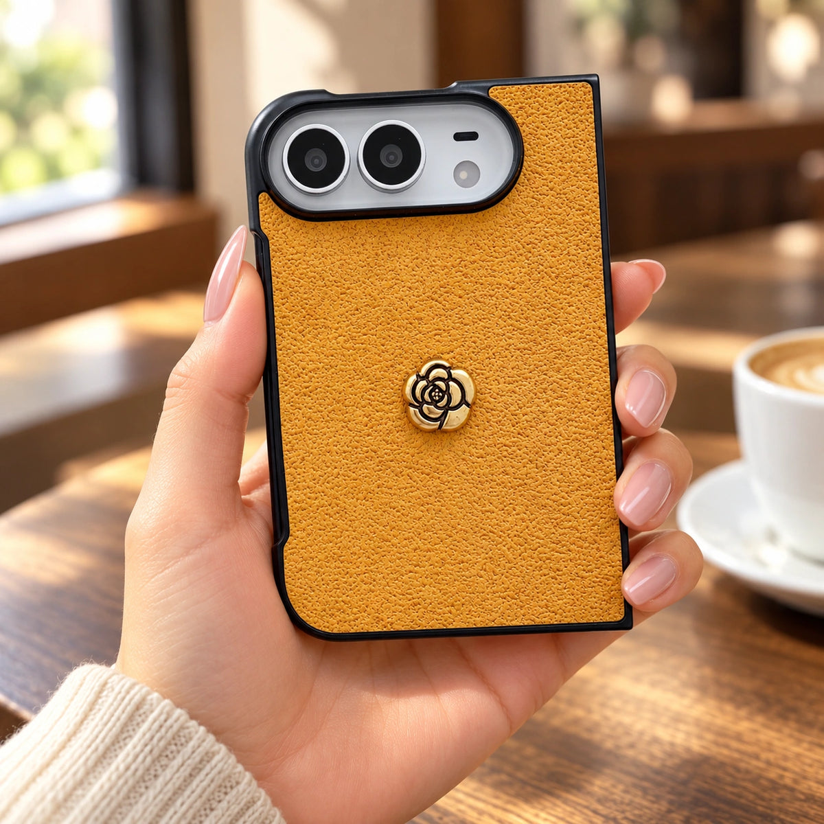 Camellia Textured iPhone Duo Case, held in hand