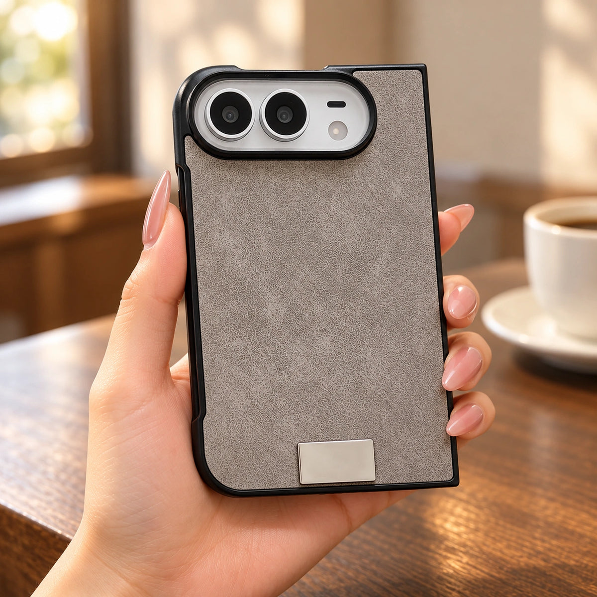 Suede-Feel Textured iPhone Duo Case, held in hand