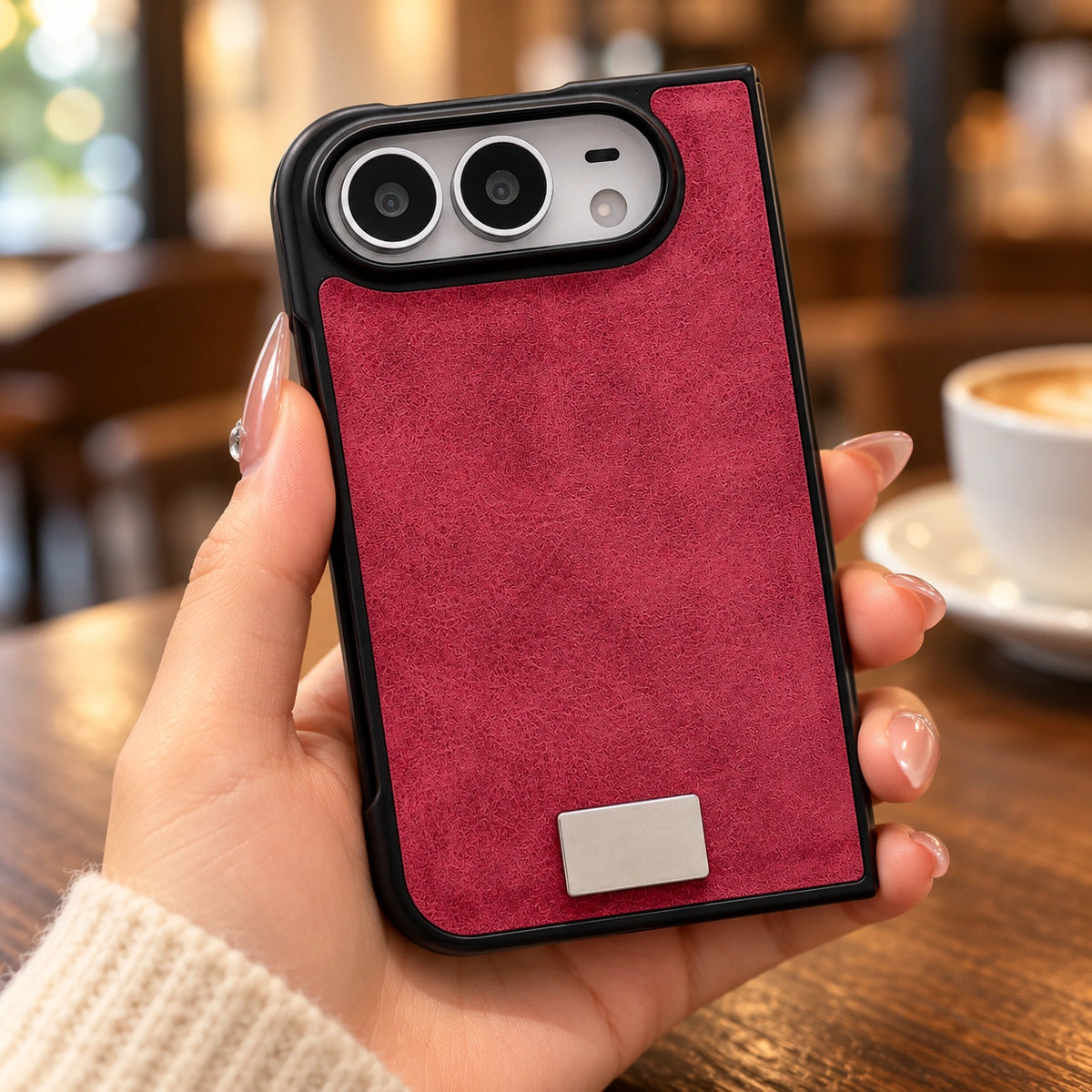 Suede-Feel Textured iPhone Duo Case, styled product photo