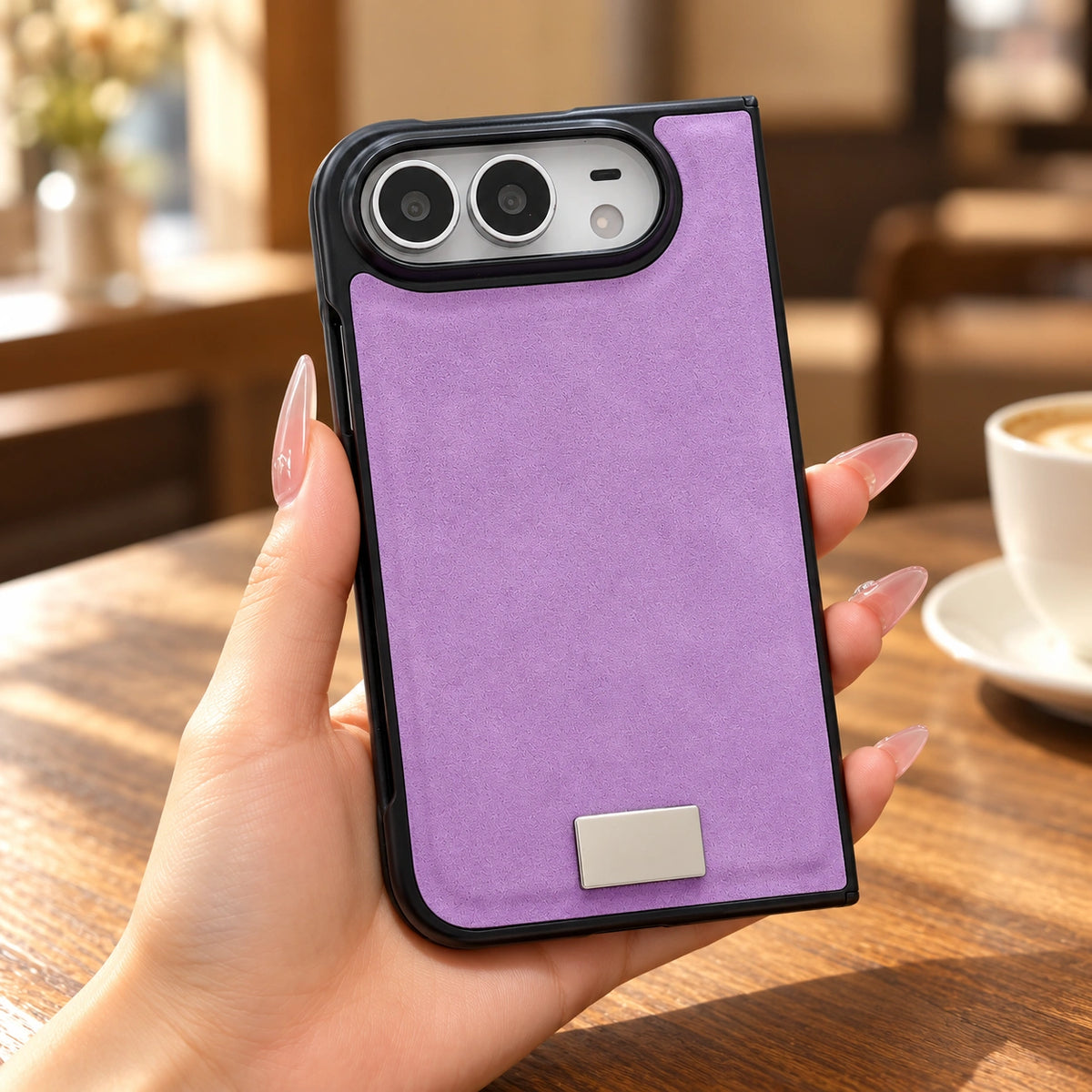 Suede-Feel Textured iPhone Duo Case, styled product photo 2