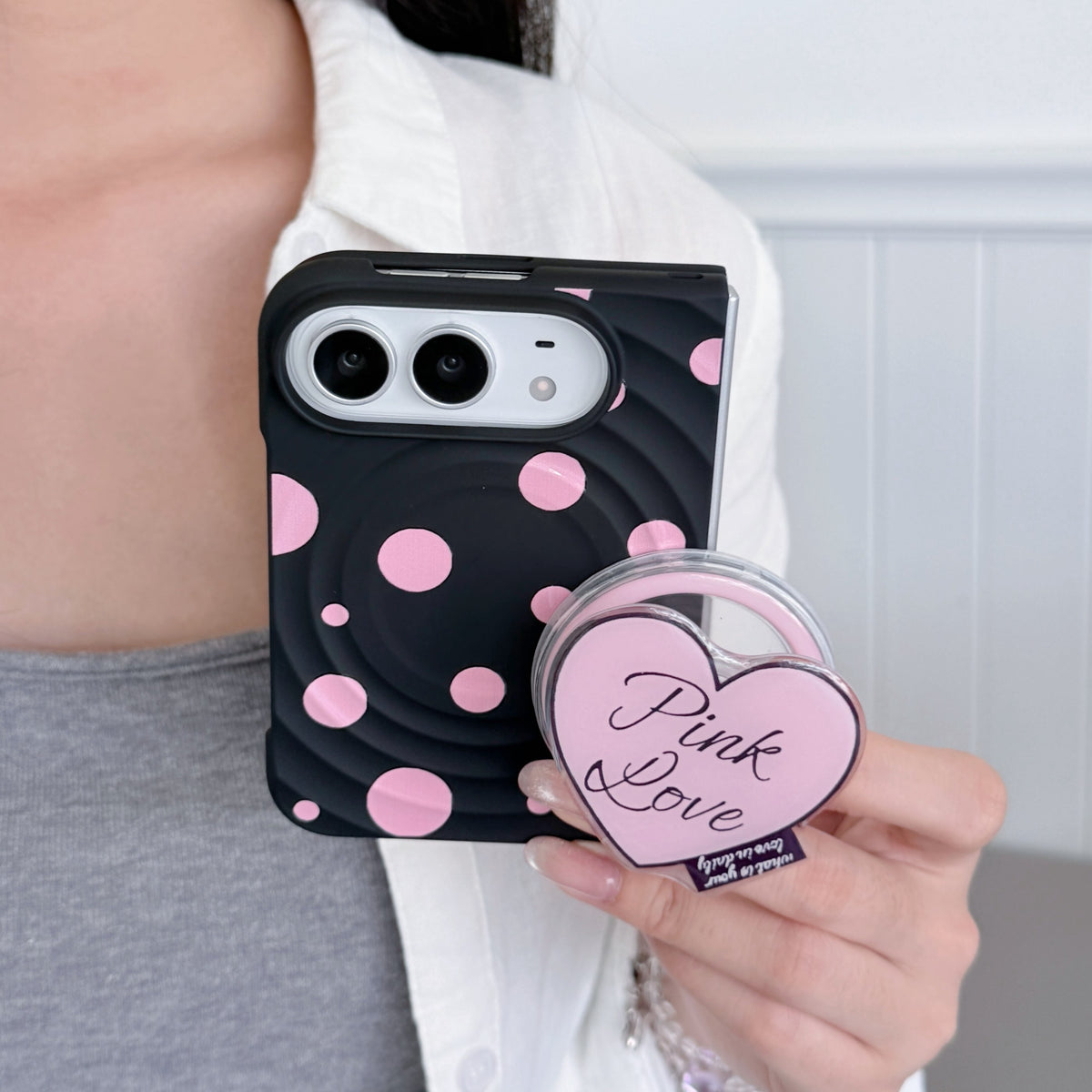 caseease pink polka dot iPhone Duo case, product photo