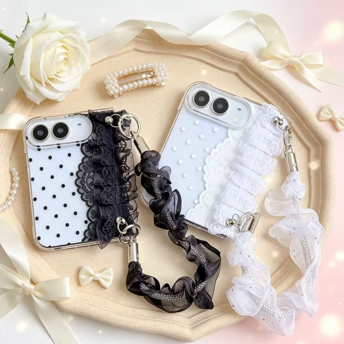 caseease lace polka dot iPhone Duo case, product photo
