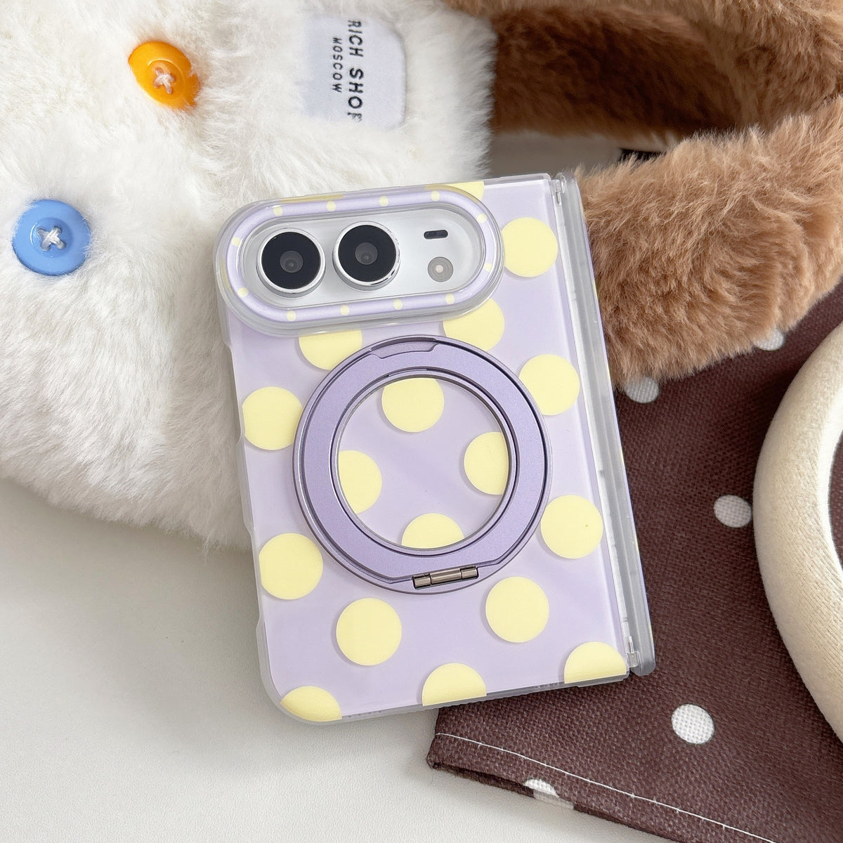 caseease polka dot ring stand iPhone Duo case - Purple, product photo