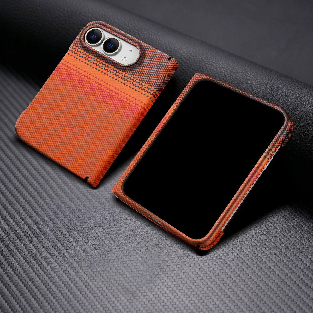 caseease carbon-texture iPhone Duo case with frame - Orange, product photo