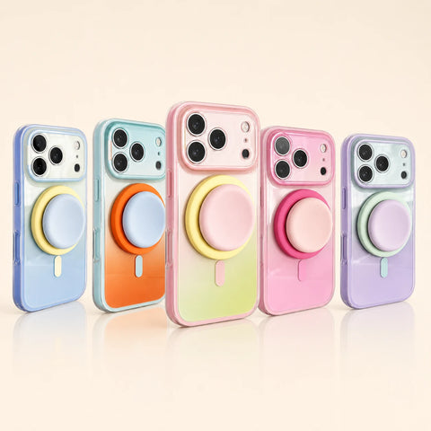 Five gradient magnetic phone cases with matching circular stands in all available colors