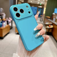 Aqua blue faux leather color block iPhone case lifestyle photo