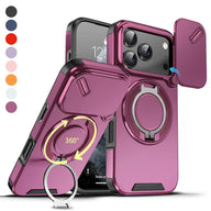 Heavy-duty iPhone case with sliding camera cover and ring stand — view 1