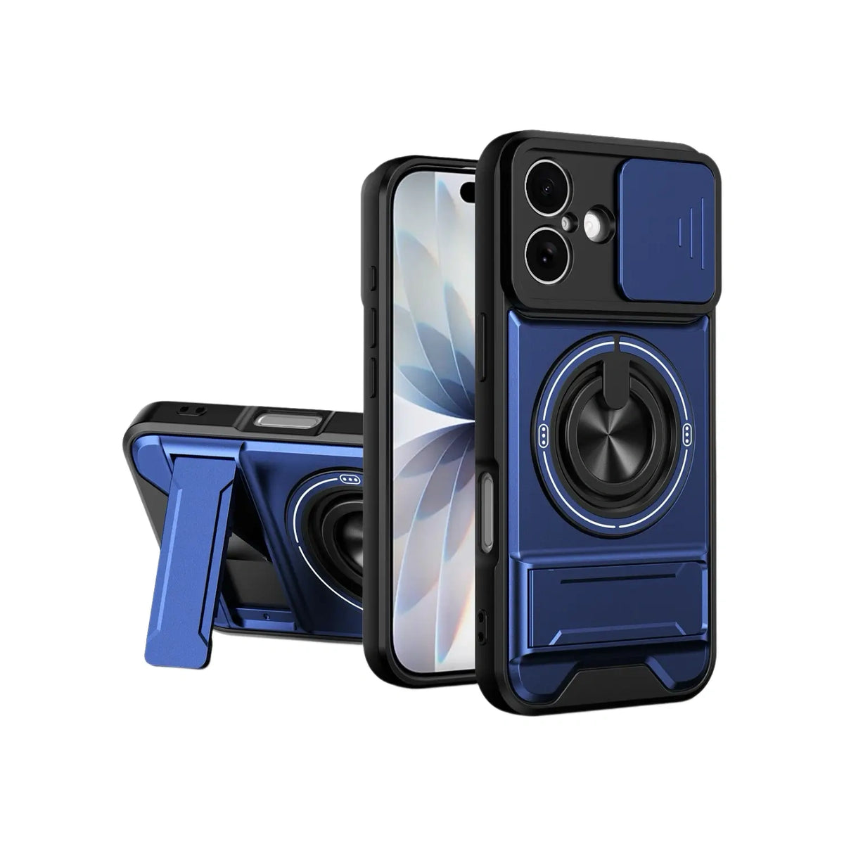Military-Grade iPhone Case with Sliding Camera Cover & Ring Stand in Blue