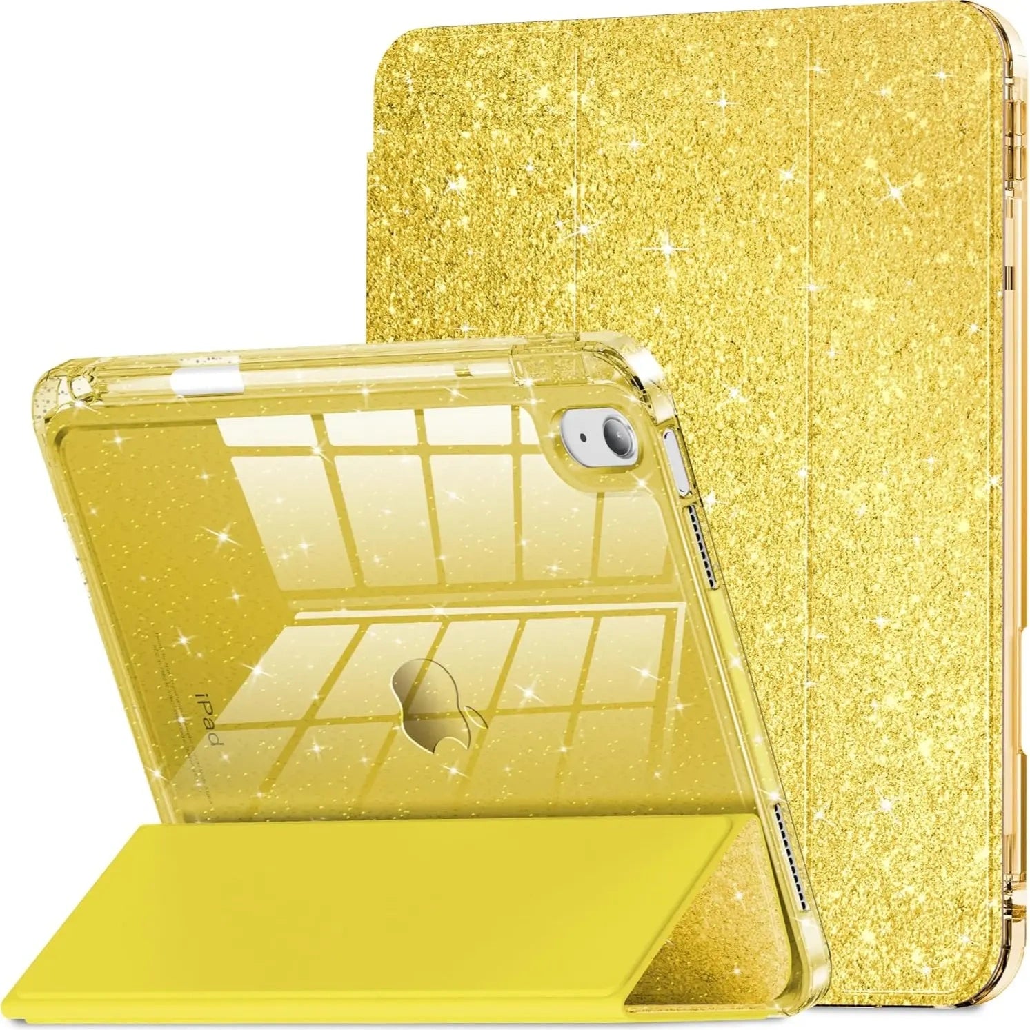 INFILAND Compatible with iPad Case, Glitter Cover with Sparkly Clear Back, Pencil Holder, for Kids Girls Computer Tablet Casing Protection Protective - Color Golden Yellow (variant image)