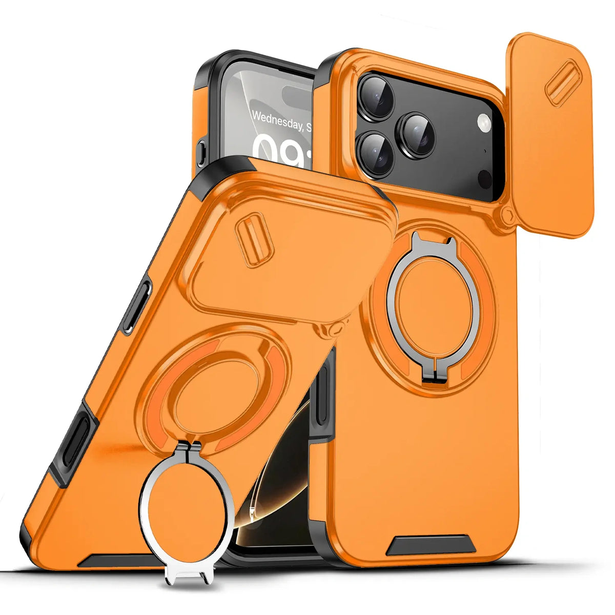Heavy-duty iPhone case with sliding camera cover in Orange