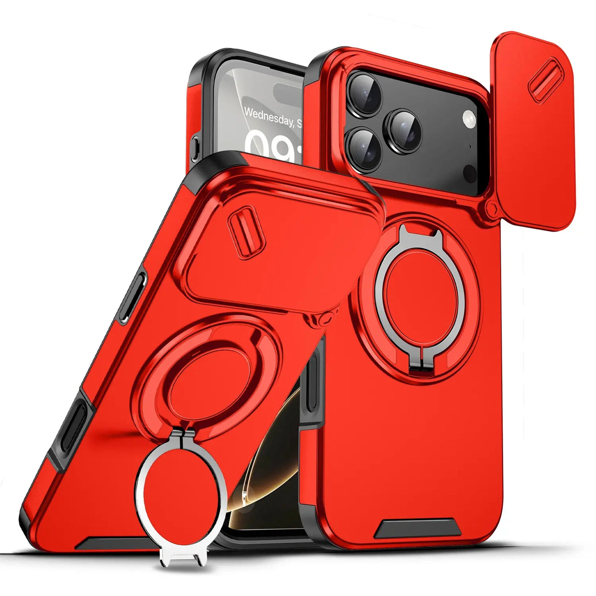 Heavy-duty iPhone case with sliding camera cover in Red