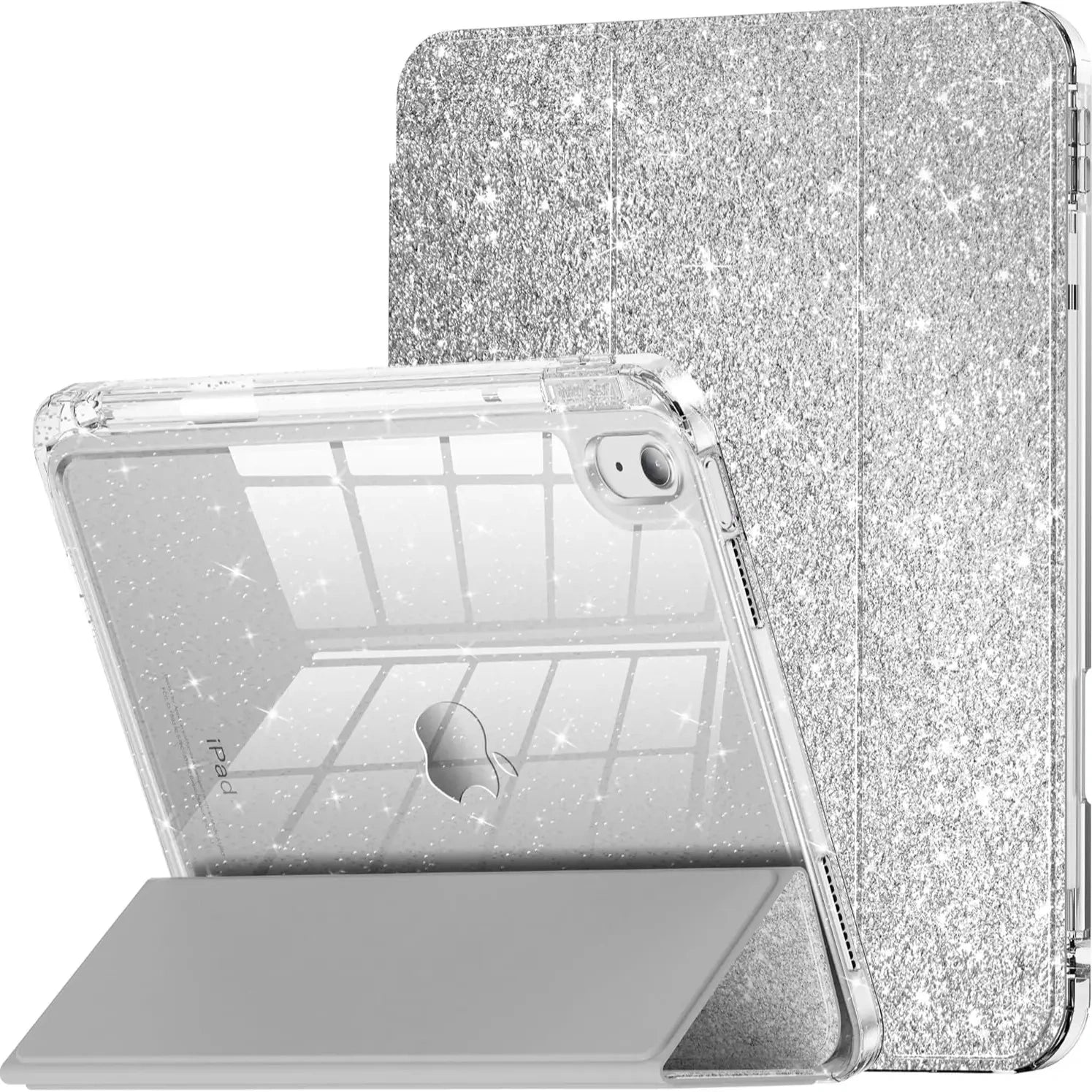 INFILAND Compatible with iPad Case, Glitter Cover with Sparkly Clear Back, Pencil Holder, for Kids Girls Computer Tablet Casing Protection Protective - Color Silver (variant image)