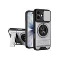 Military-Grade iPhone Case with Sliding Camera Cover & Ring Stand in Silver