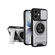 Military-Grade iPhone Case with Sliding Camera Cover & Ring Stand in Silver
