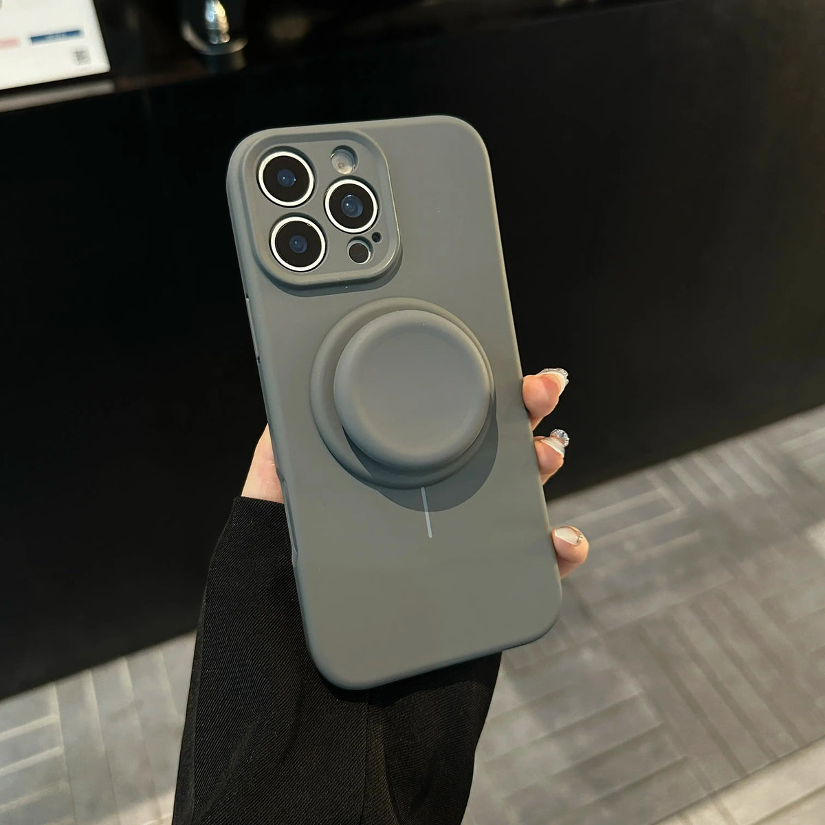 Magnetic Stand Liquid Silicone Full Coverage Phone Case with AI Capture Button, Compatible with iPhone 13 to iPhone 18 Pro Max--3994 - Size Charcoal Gray + Stand (variant image)
