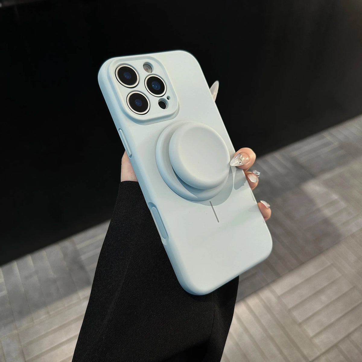 Magnetic Stand Liquid Silicone Full Coverage Phone Case with AI Capture Button, Compatible with iPhone 13 to iPhone 18 Pro Max--3994 - Size Cloud Cyan + Stand (variant image)