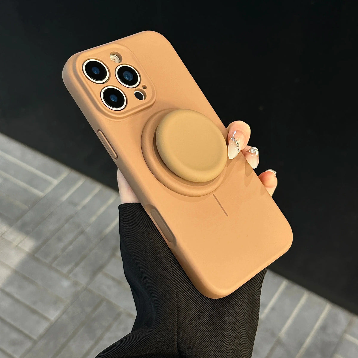 Magnetic Stand Liquid Silicone Full Coverage Phone Case with AI Capture Button, Compatible with iPhone 13 to iPhone 18 Pro Max--3994 - Size Khaki + Stand (variant image)